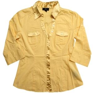 IZ Byer California Women's Yellow Button Up 3/4 Sleeve Shirt M Medium